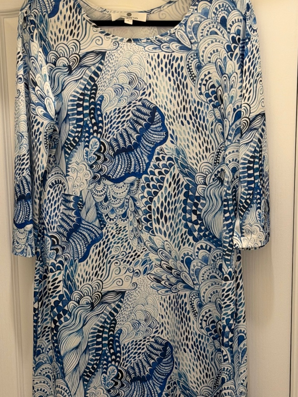 Jean-Pierre Klifa Paris Blue White Feather Pattern Daphne Shift Dress - Large